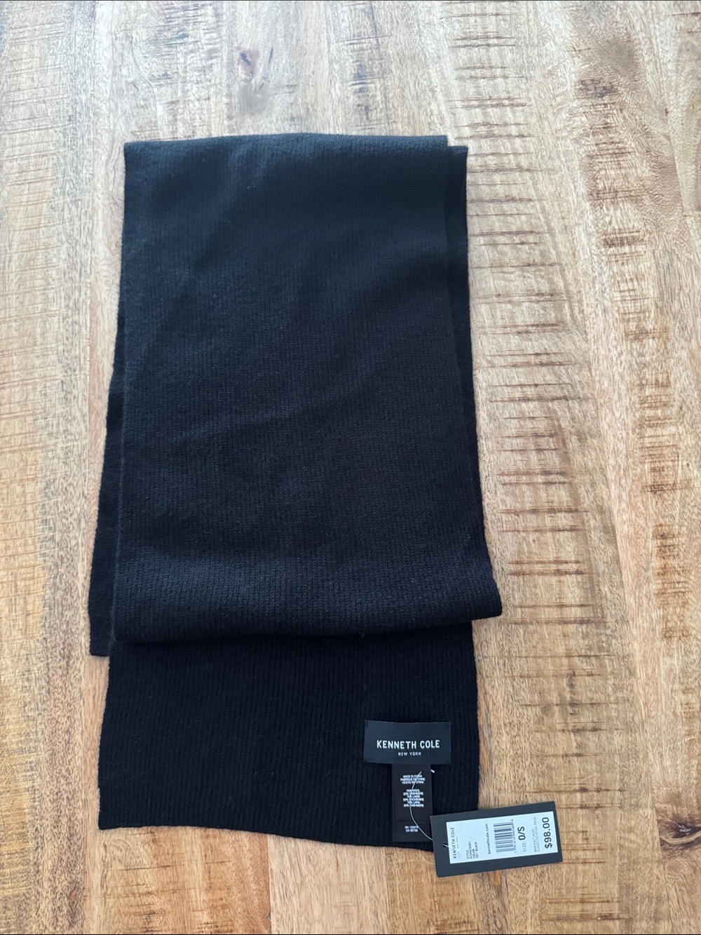 Kenneth Cole Black Ribbed Knit Scarf - wool and cashmere blend 80 inches
